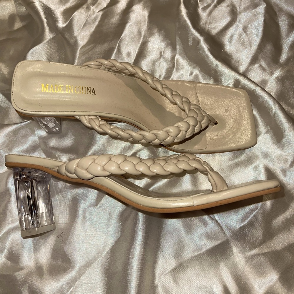 Tan braided strap short heels